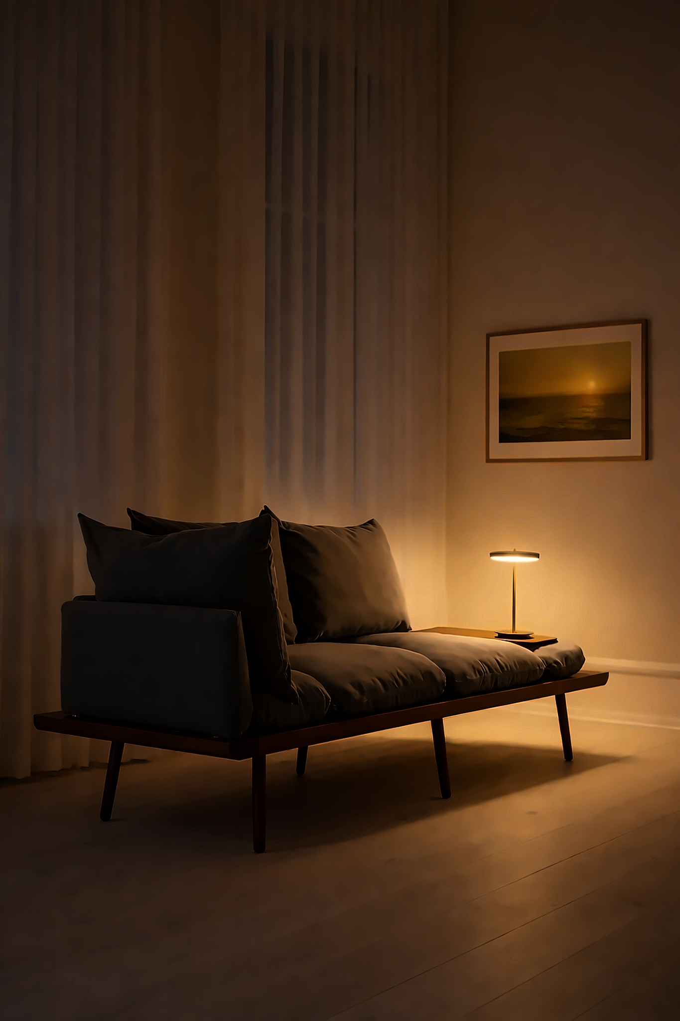 Living room in evening light with warm ambient lamp glow