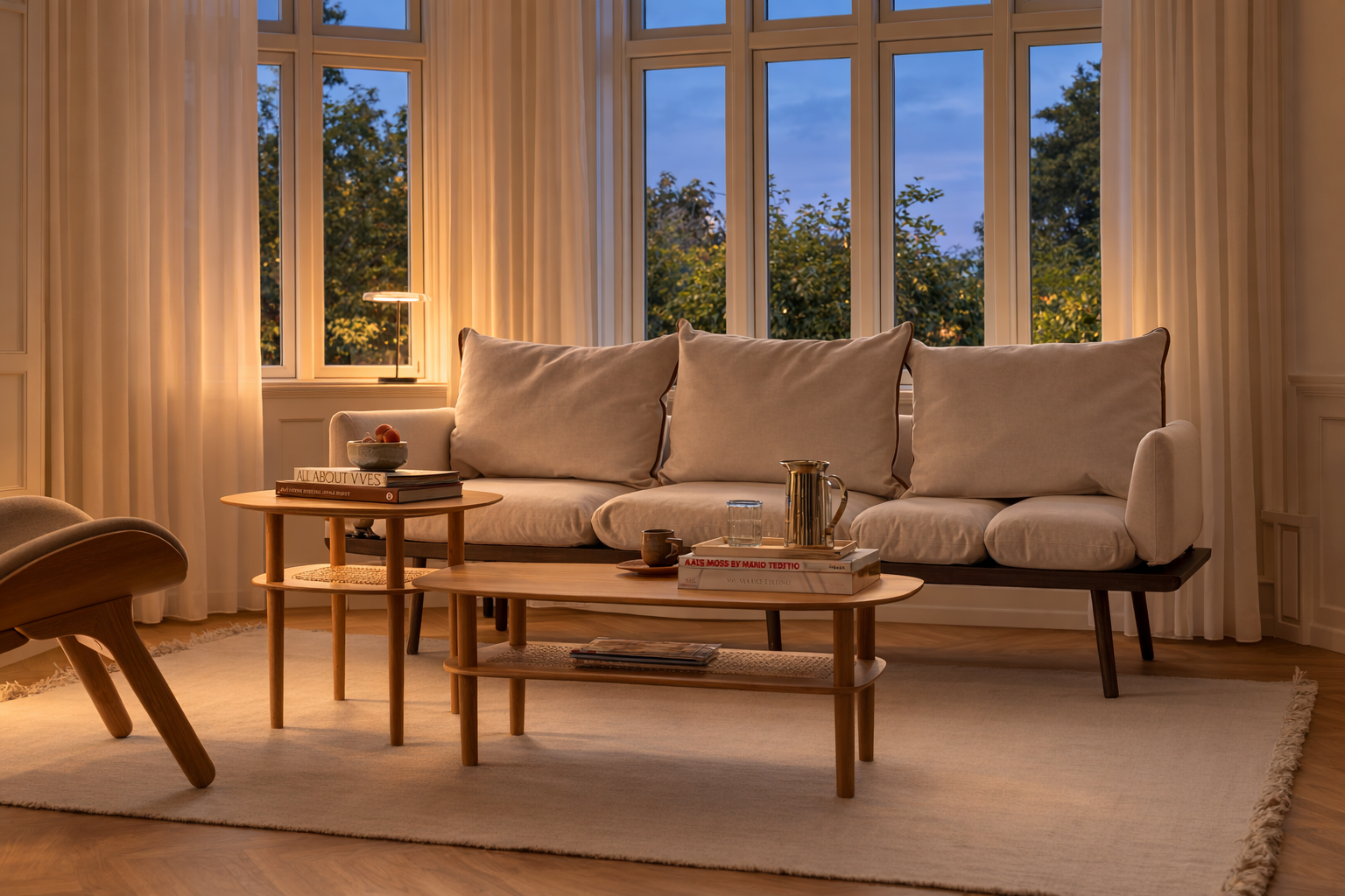 Living room in evening light with warm ambient lamp glow